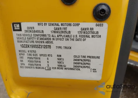 2003 Chevrolet Silverado 1500 Ls z USA, uszkodzony, nr VIN 1GCEK19V03Z312078